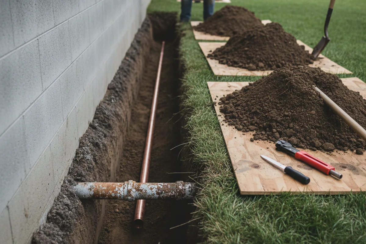 Excavated water line trench during Water Softener Installation in Ankeny